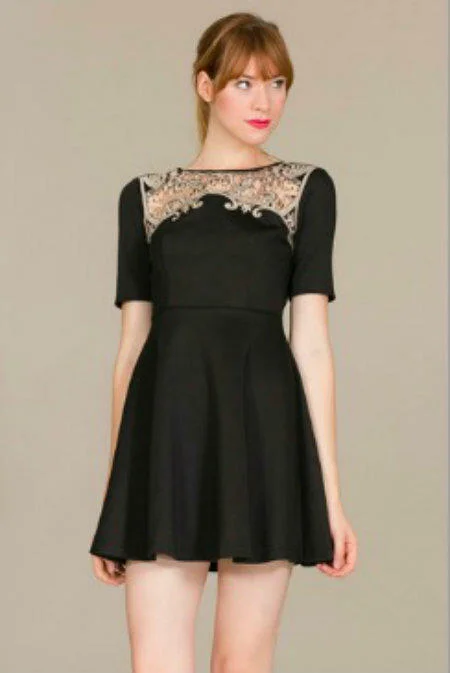 Maggie Black Crochet Trim Skater Dress