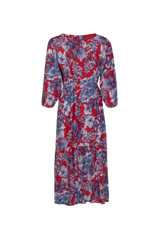 Button front printed Rayon Dress | Red Indigo Flower | 6322AR