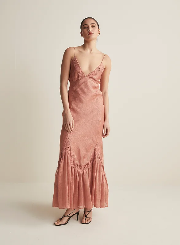 Claudette Bias Silk Linen Maxi Dress | Rose