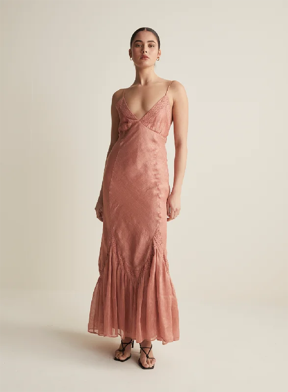 Claudette Bias Silk Linen Maxi Dress | Rose