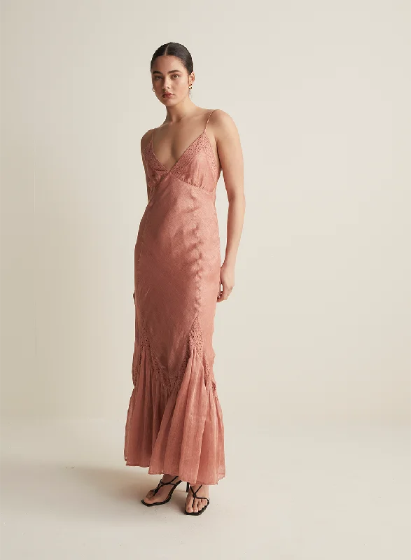 Claudette Bias Silk Linen Maxi Dress | Rose