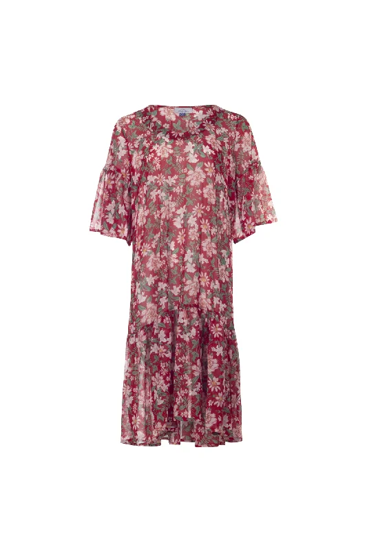 Printed Chiffon V neck Dress | Red Fern Flower | 7129AR