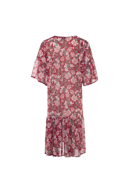 Printed Chiffon V neck Dress | Red Fern Flower | 7129AR