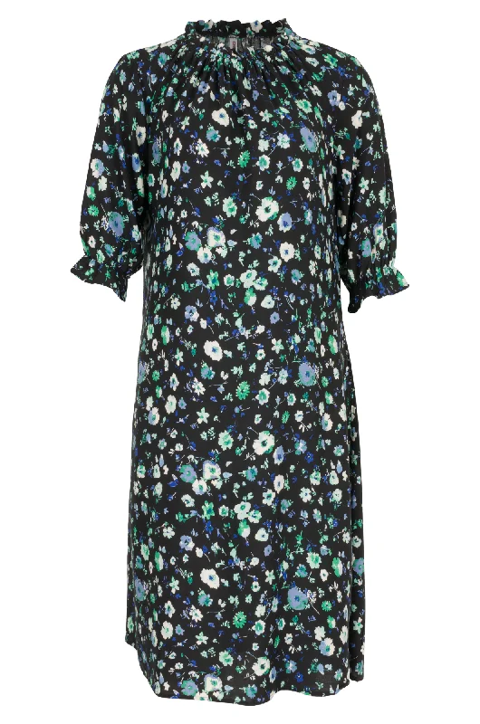 Printed Dress with neck frill | Green Black Sprig | 3355AR