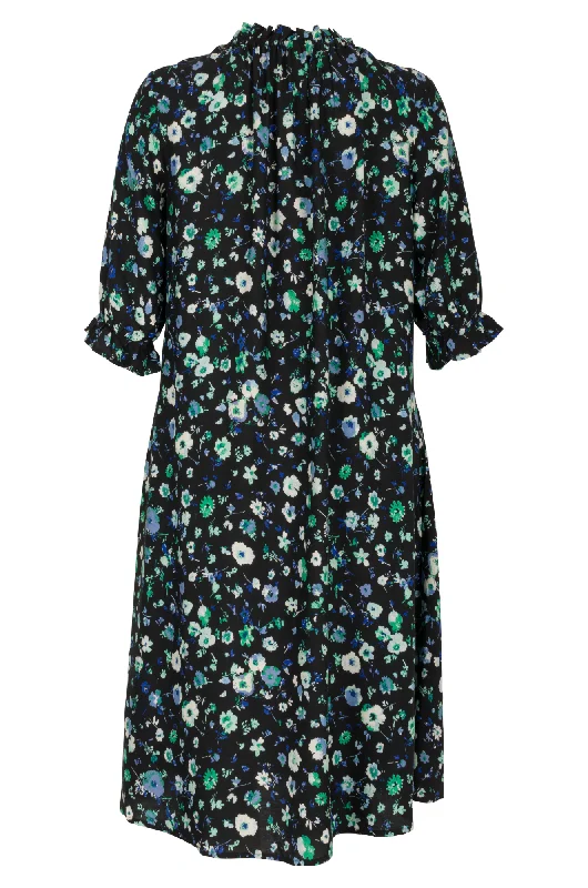 Printed Dress with neck frill | Green Black Sprig | 3355AR