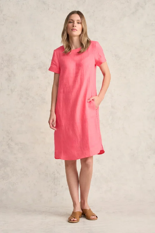 Scoop Neck Linen Dress - Coral