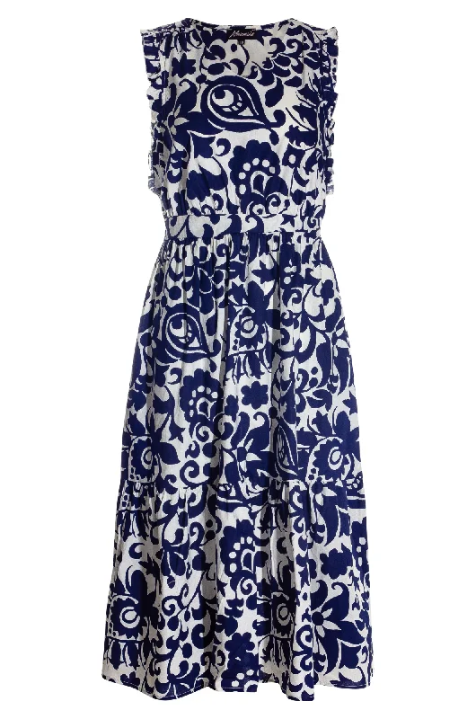 V neck printed Poplin Dress | Navy White Baroque | 5572AR