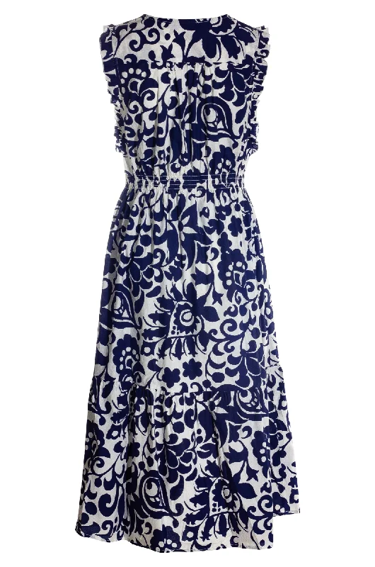 V neck printed Poplin Dress | Navy White Baroque | 5572AR