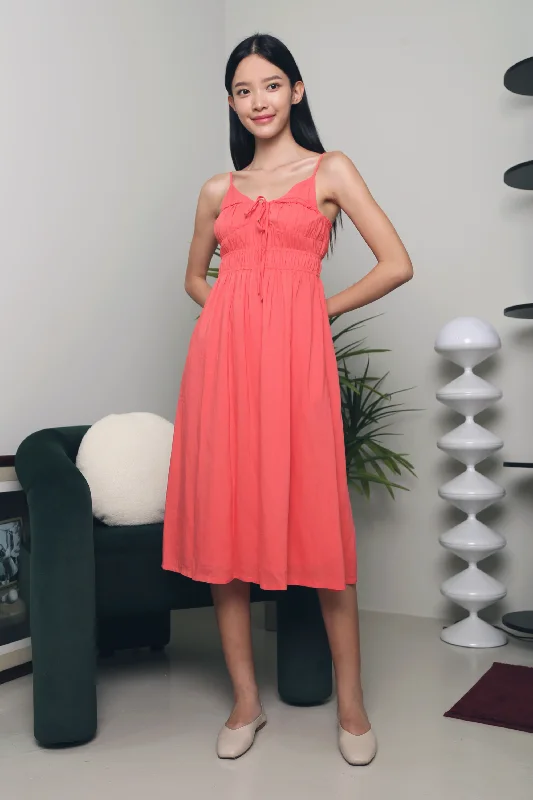 Becks Ruched Strappy Midi Dress Coral