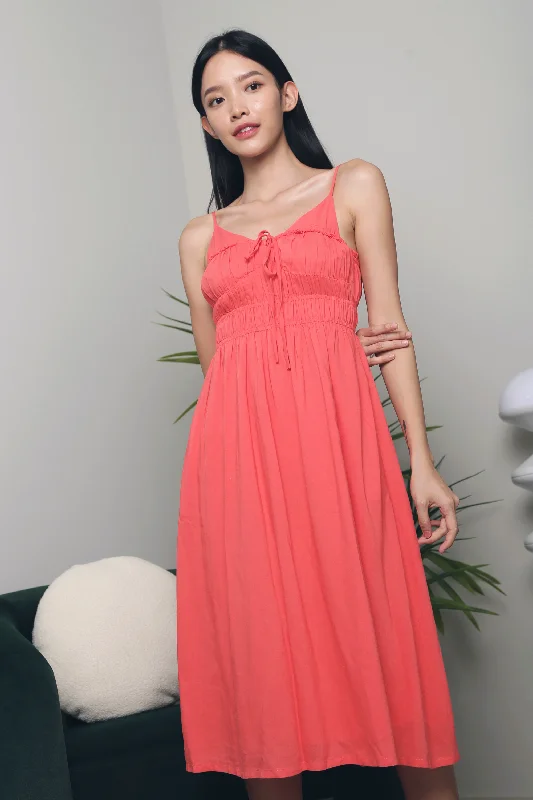 Becks Ruched Strappy Midi Dress Coral