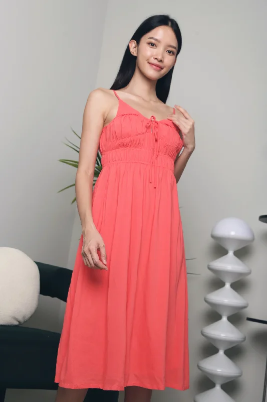 Becks Ruched Strappy Midi Dress Coral