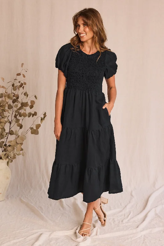 Minden Linen Shirred Short Sleeve Dress in Black