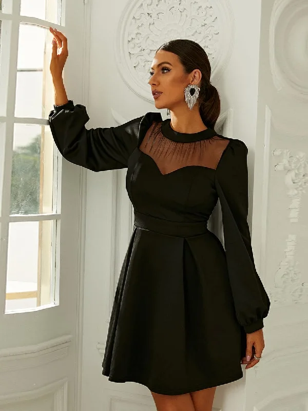 High Neck Bishop Sleeve Elegant Black Prom Dress XH2177