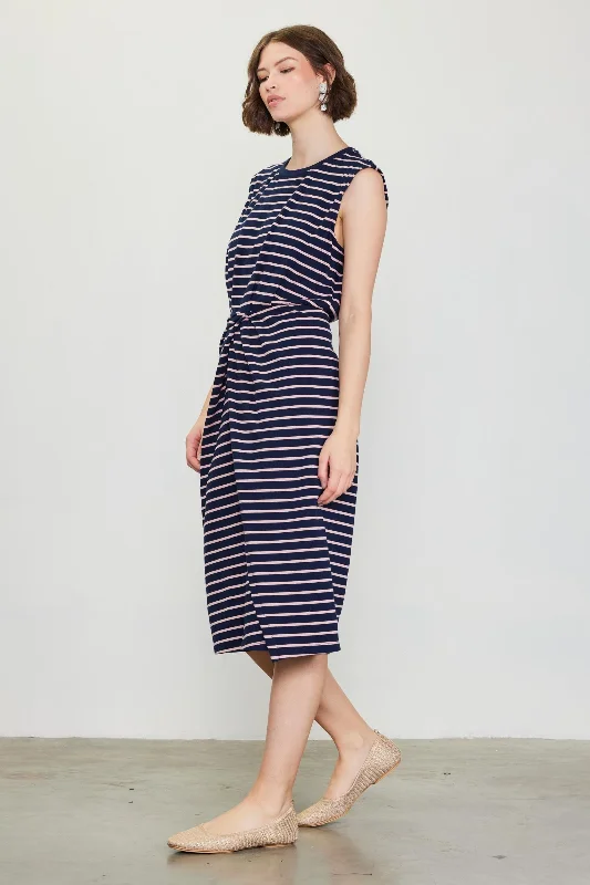 The Pink and Navy Stretson Knot Midi Dress