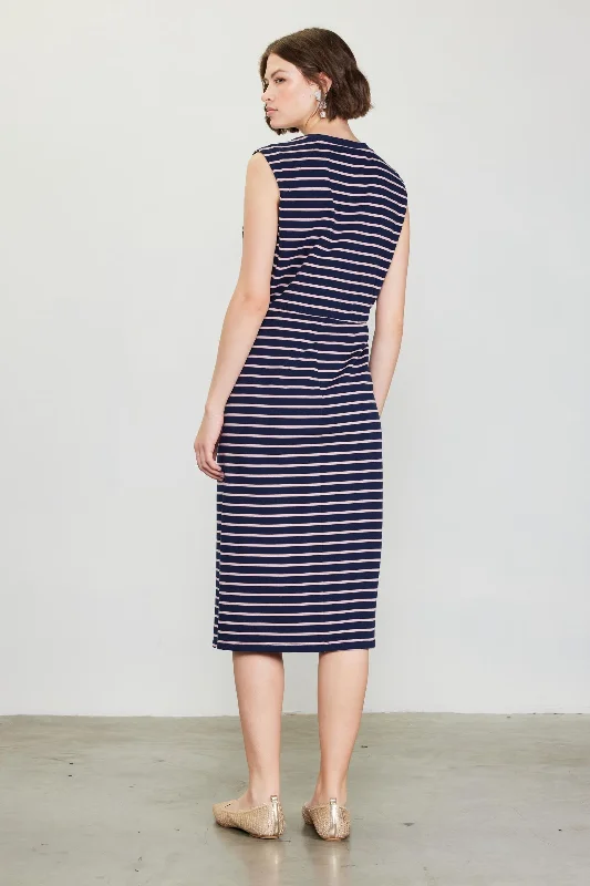 The Pink and Navy Stretson Knot Midi Dress